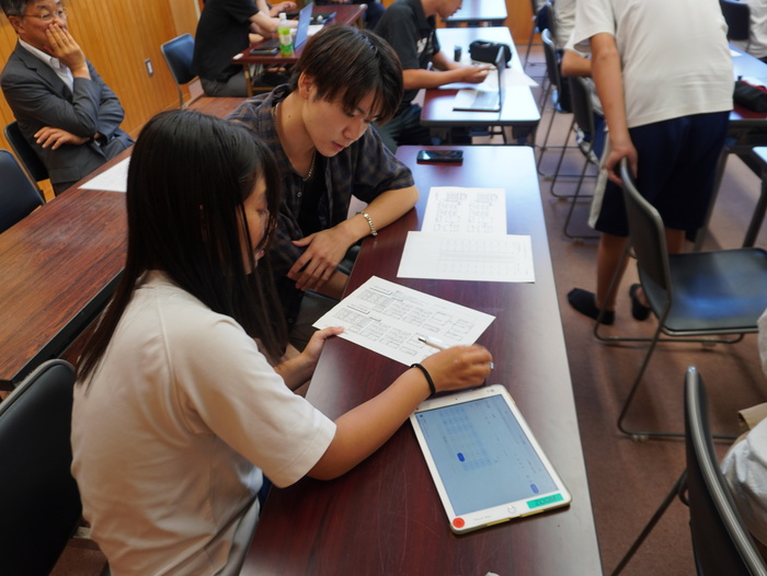 中学生にビジネスゲームを教えている様子