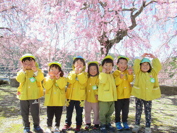 桜の下で笑顔満開の園児たち